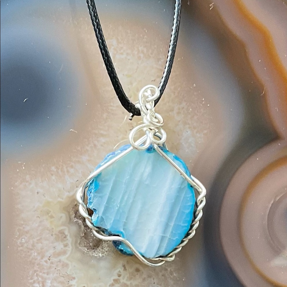 Handmade blue agate silver wire wrapped pendant necklace
